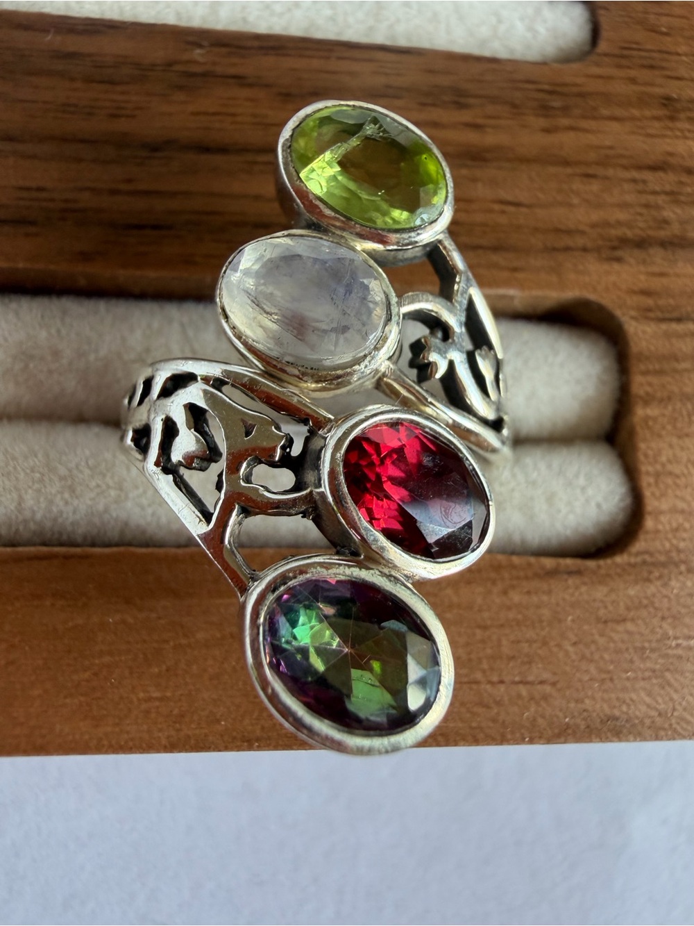 925 Sterling Silver Multi-Gemstone Statement Ring - Peridot Garnet Moonstone
